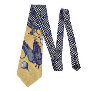 B-D Baggies Golf Print Silk Blend Necktie Yellow Blue Gingham Pattern Novelty